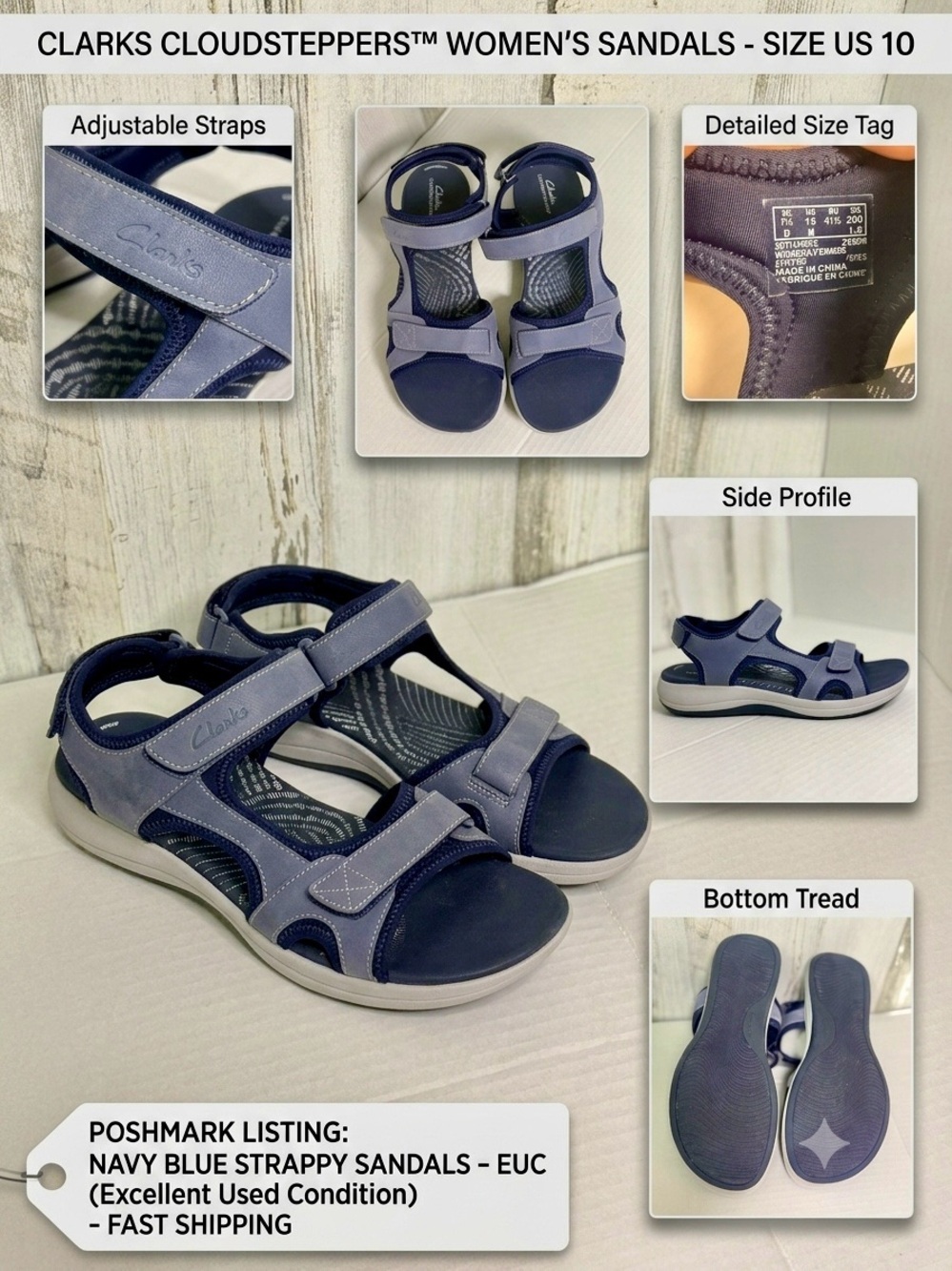 Clarks Cloudsteppers Navy Blue Strappy Sandals US 10